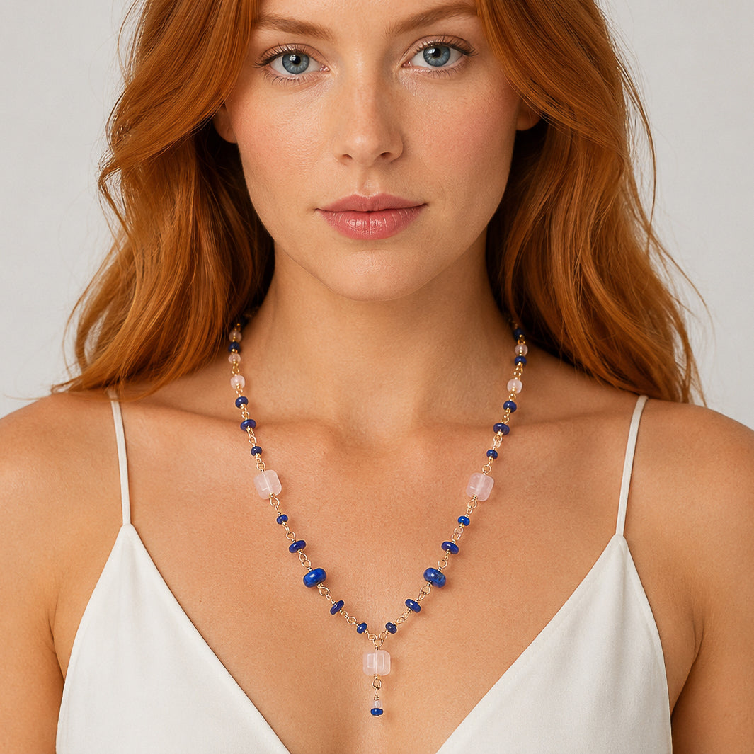 The Twilight & Rose Drop Necklace – Lapis & Rose Quartz
