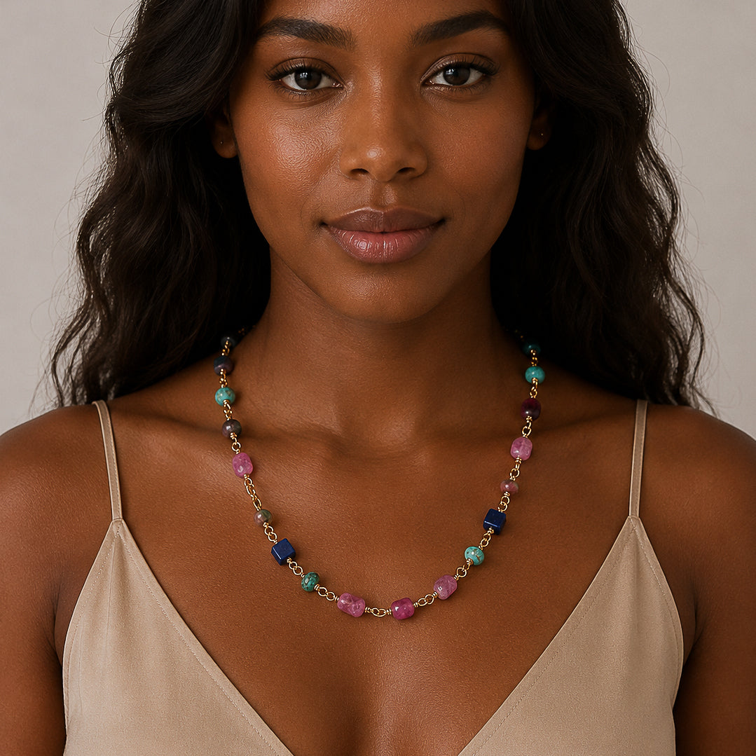 The Mosaic Bloom Necklace – Tourmaline, Turquoise & Lapis