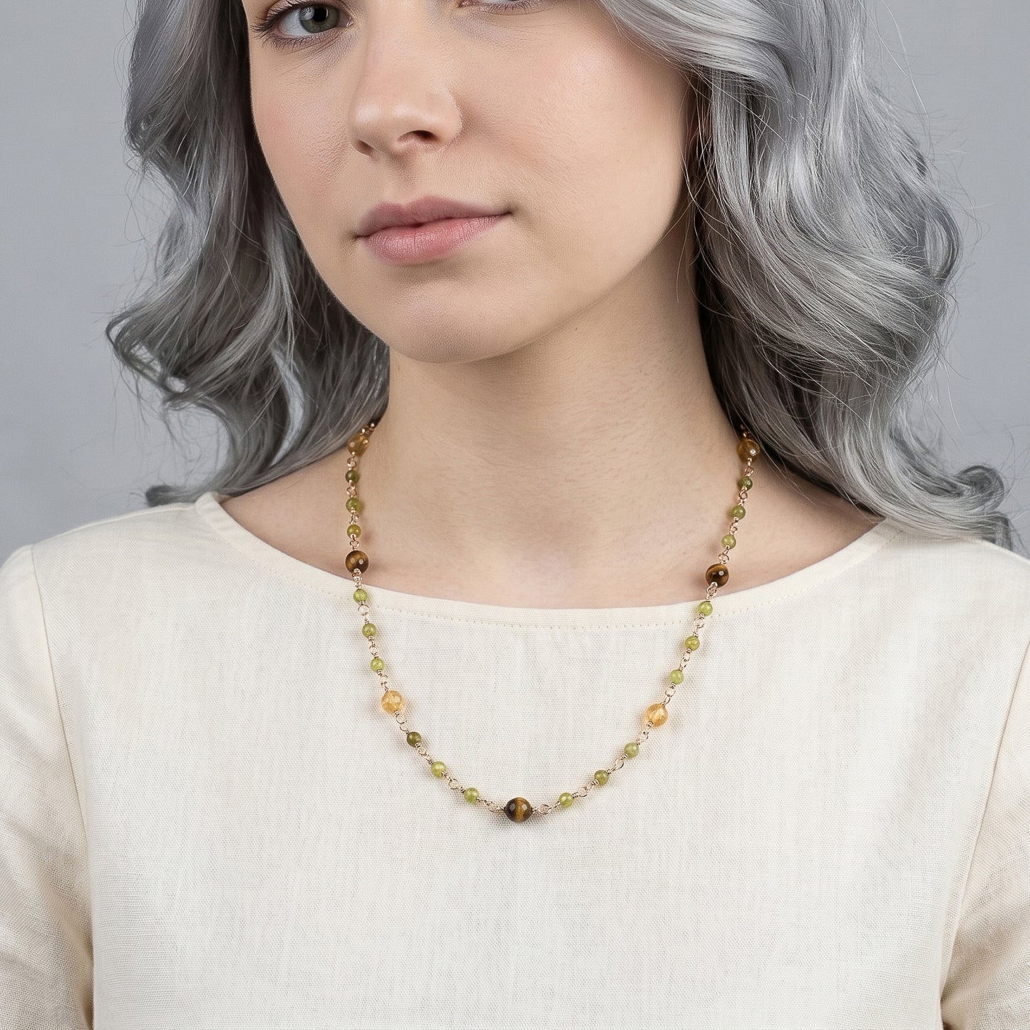 The Solstice Harvest Necklace – Citrine, Tiger’s Eye & Peridot