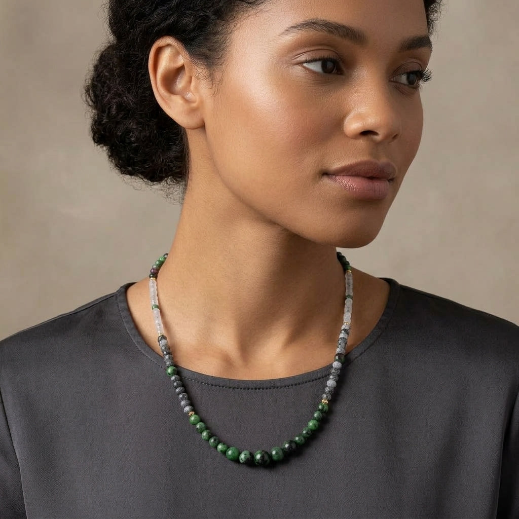 The Verdue & Quartz Choker - Ruby Zoisite, Rutilated Quartz & Clear Quartz