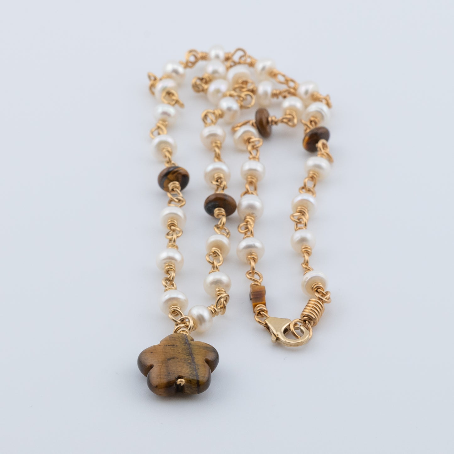The Golden Petal Necklace – Tiger’s Eye & Freshwater Pearl