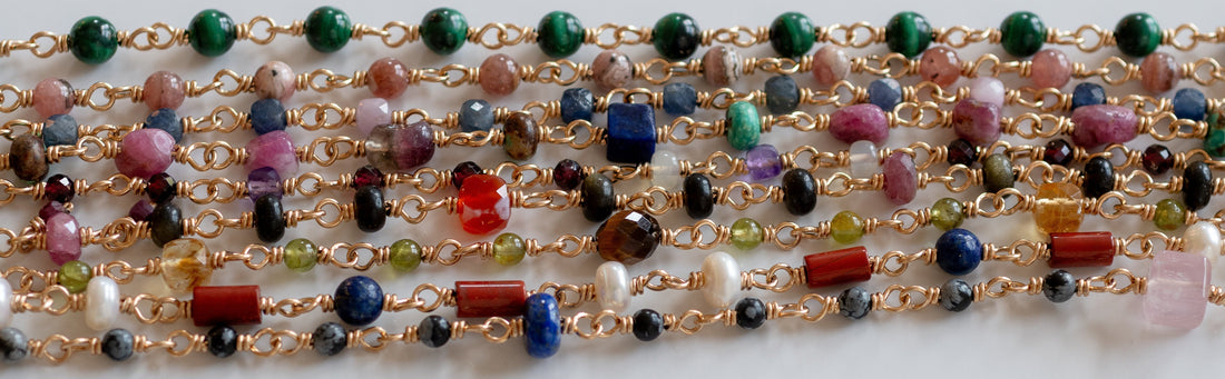 Close-up of colorful gemstone beads for a necklace