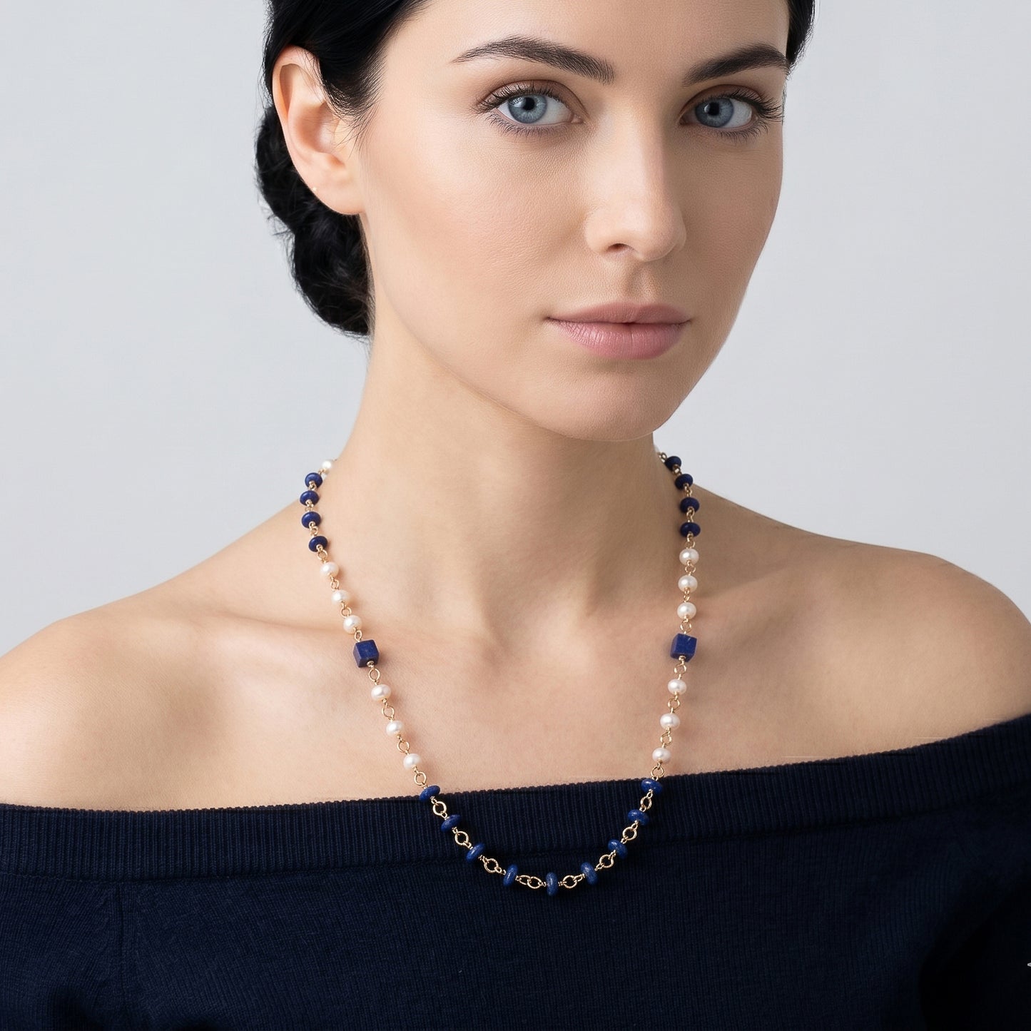 The Mariner’s Muse Lariat – Lapis & Freshwater Pearl