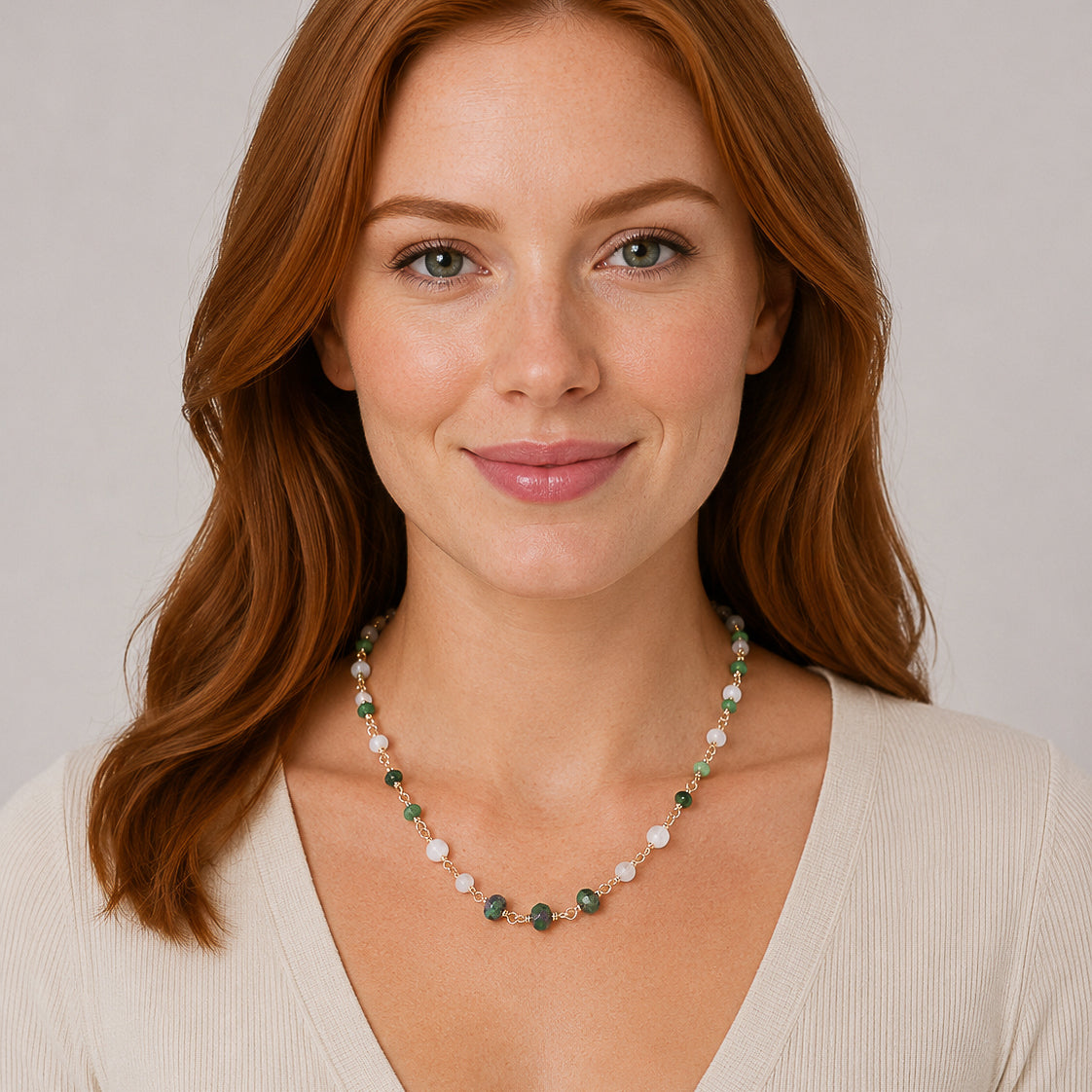 The Verdant Glow Necklace – Ruby in Zoisite & Rainbow Moonstone