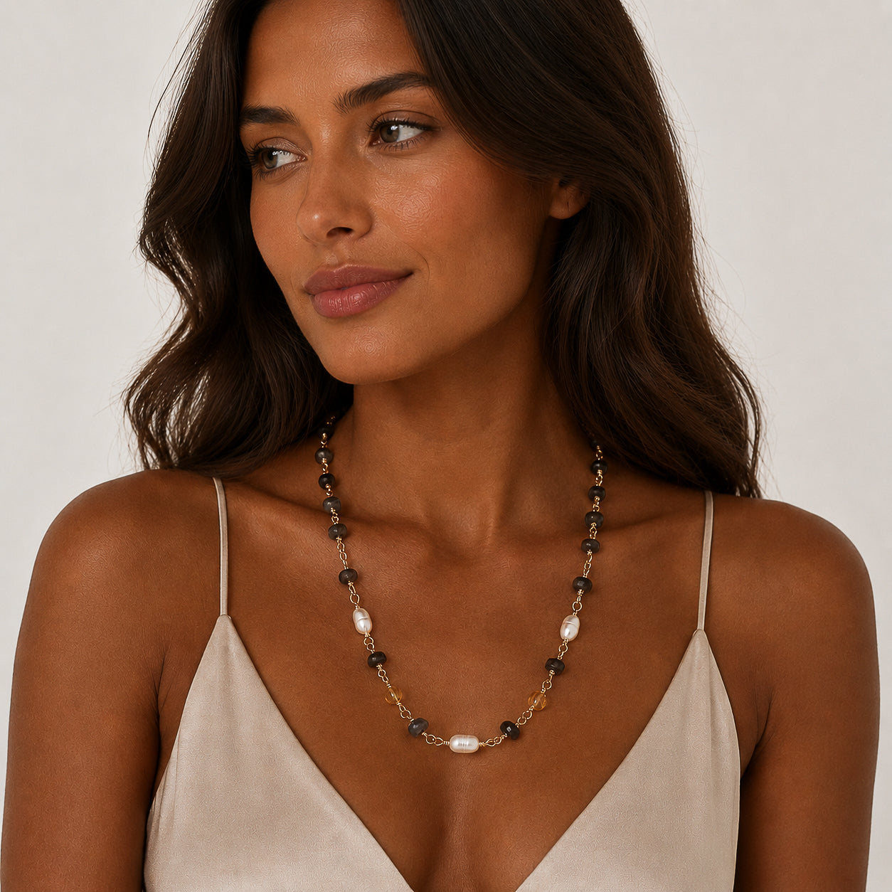 The Twilight Horizon Necklace – Labradorite, Citrine & Freshwater Pearl