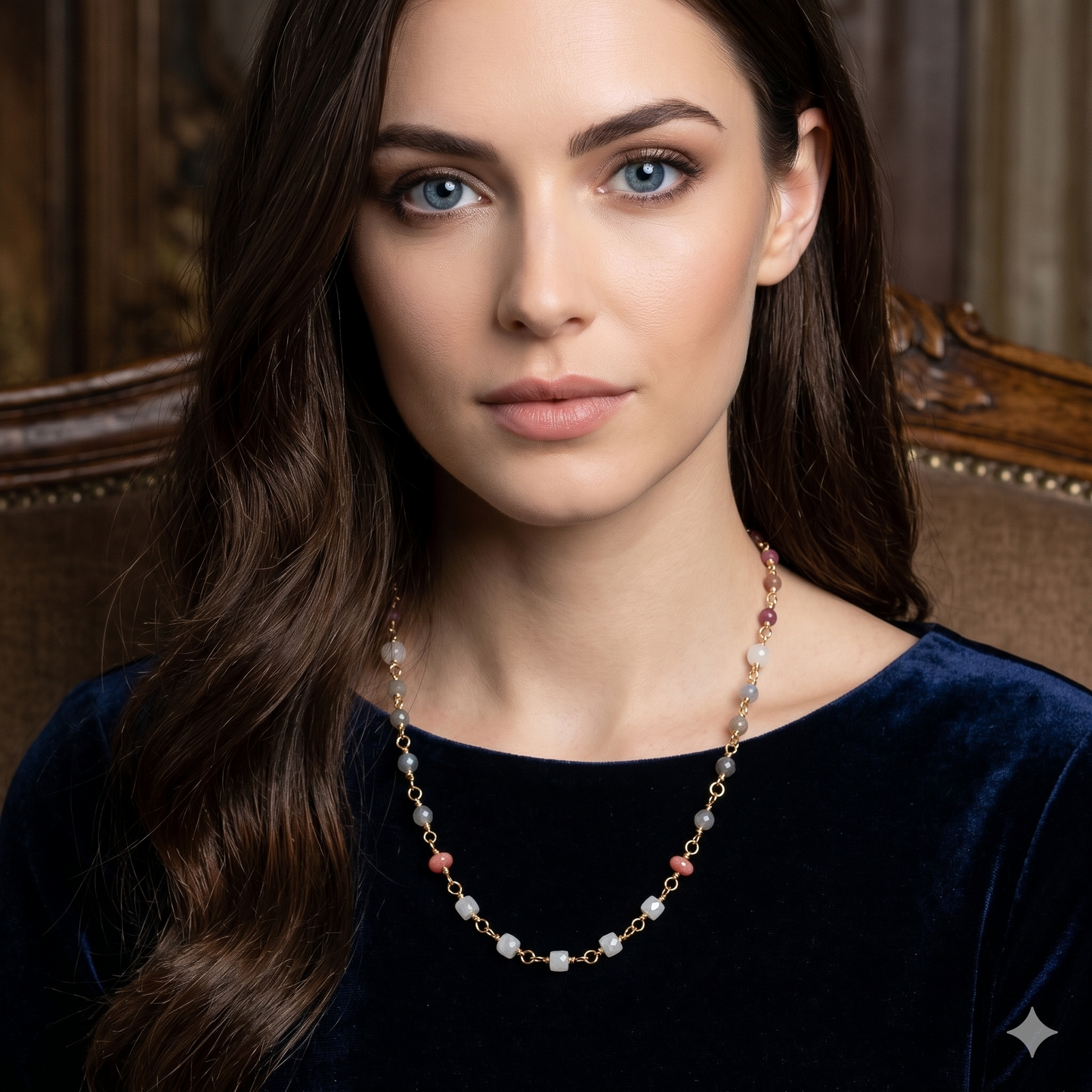 The Celestial Dawn Necklace – Rainbow Moonstone, Labradorite & Rhodochrosite