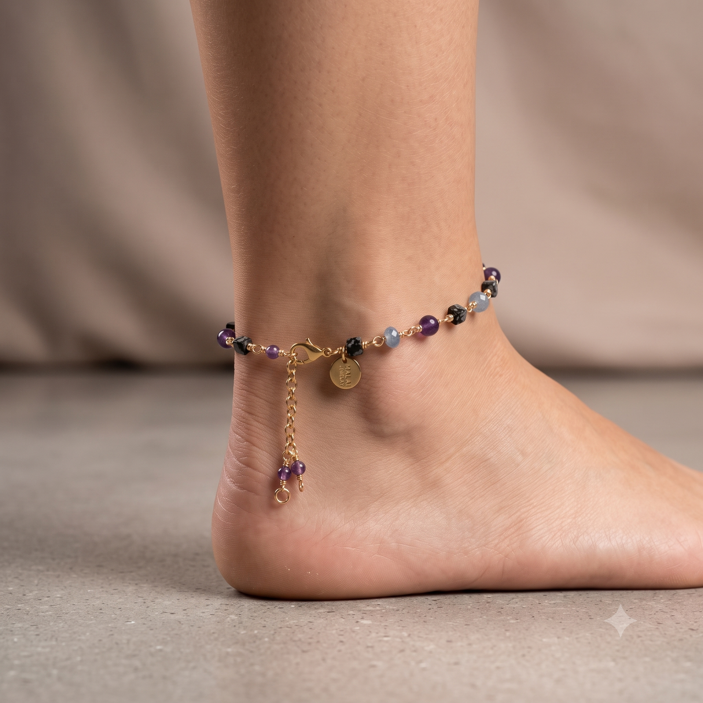 The Frozen Amethyst Anklet - Snowflake Obsidian, Aquamarine & Amethyst
