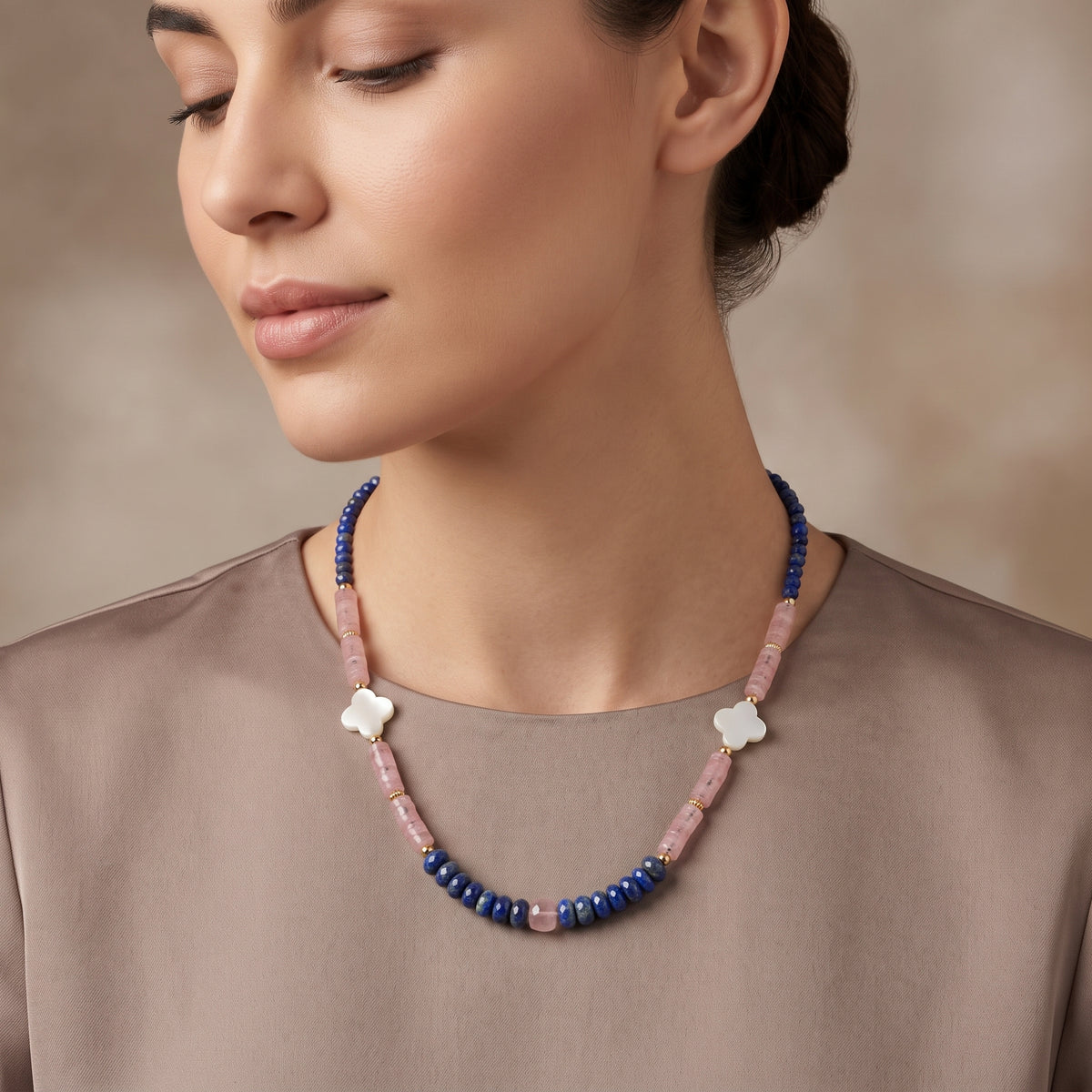 The Lapis & Lotus Rose Choker – Lapis Lazuli, Rose Quartz & Mother of Pearl