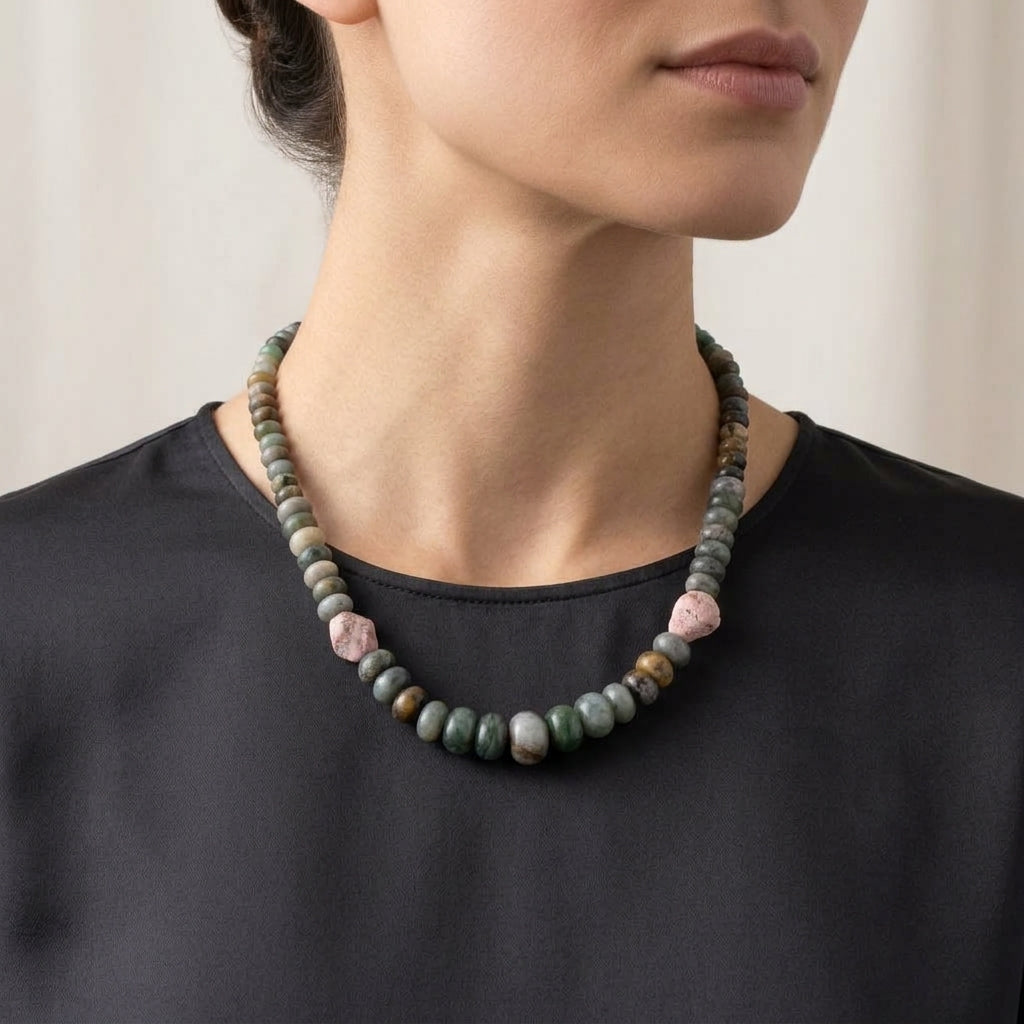 The Forest Moss Choker - Sinking Jade & Rhodochrosite