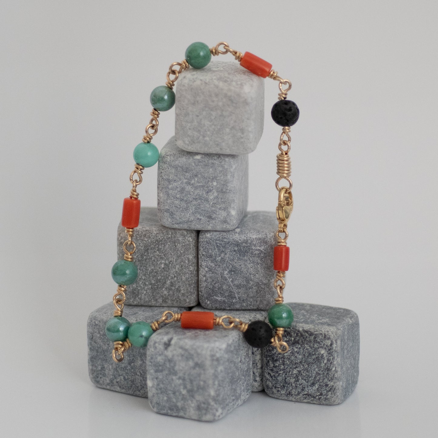 Turquoise, Red coral and Black Lave Bracelet