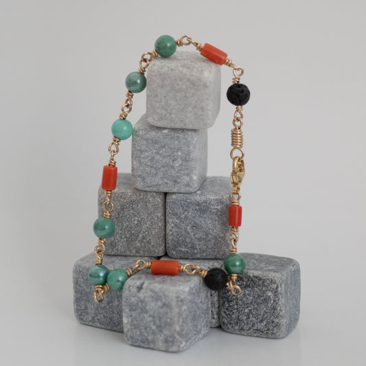 Turquoise, Red coral and Black Lave Bracelet