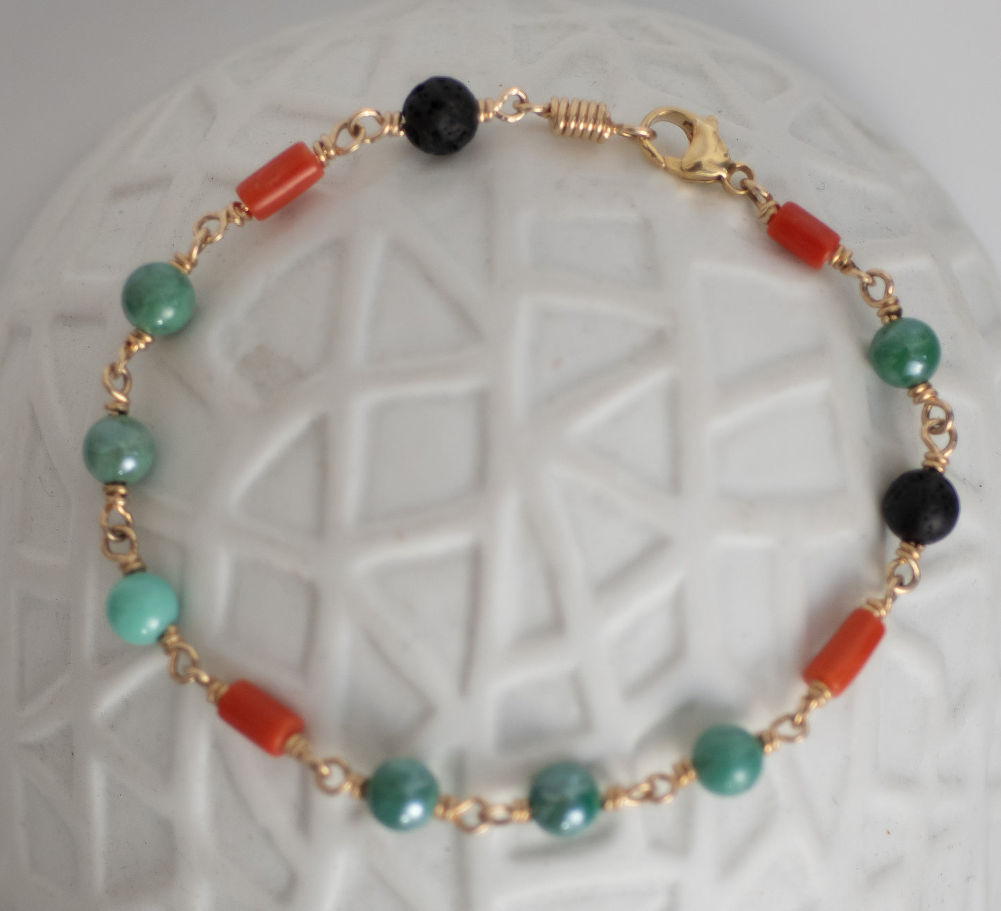 Turquoise, Red coral and Black Lave Bracelet