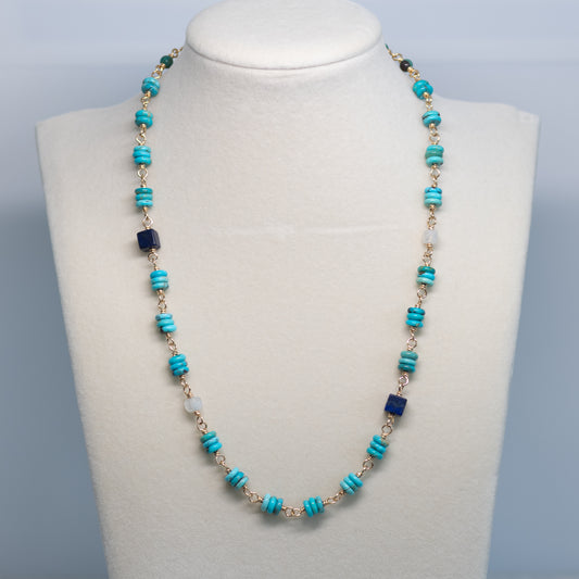Turquoise, Lapis and Rainbow Moonstone Necklace