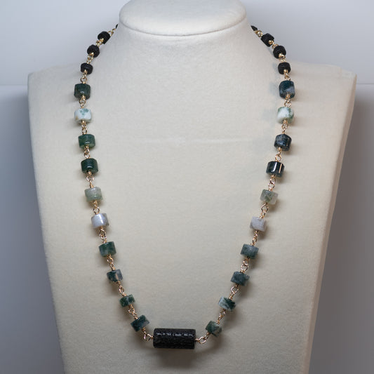 Moss Agate and Black Lava Necklace