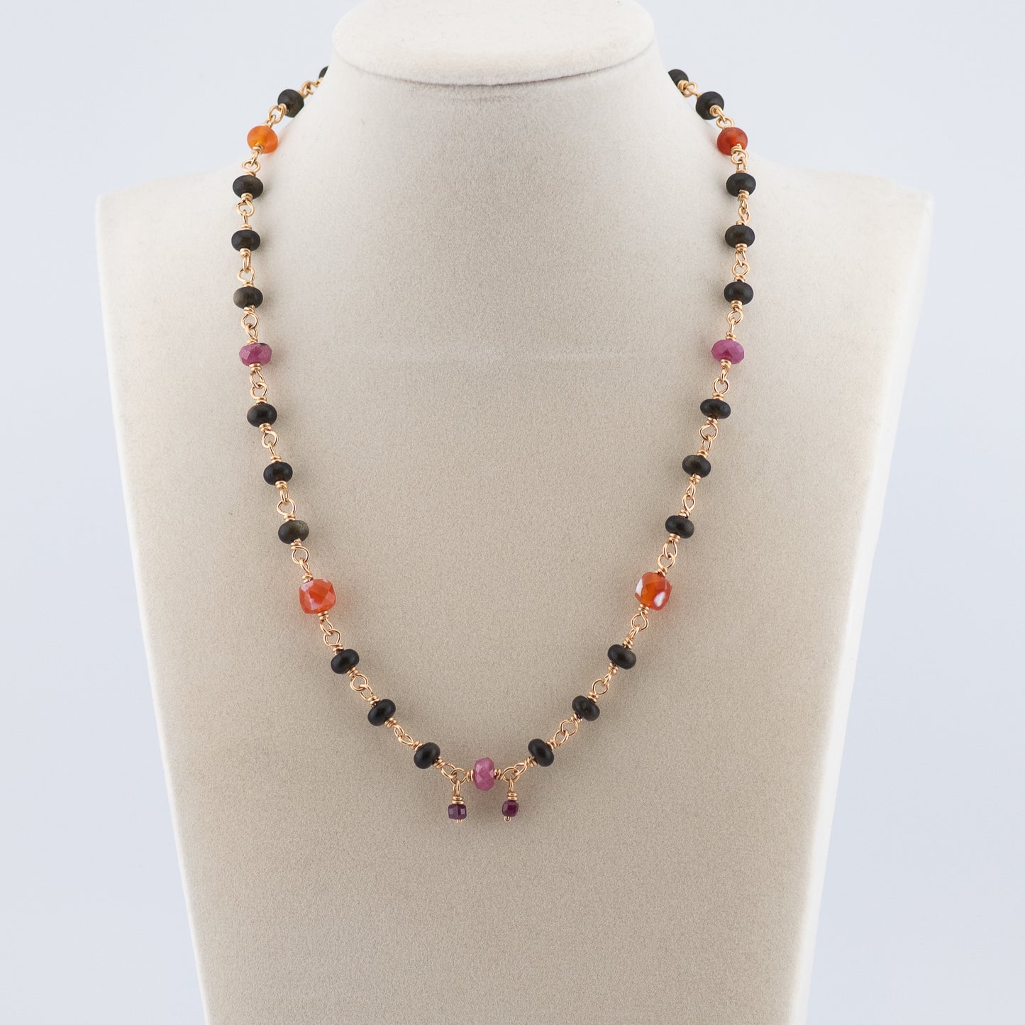 The Ember & Shadow Necklace – Rainbow Obsidian, Fire Agate & Ruby