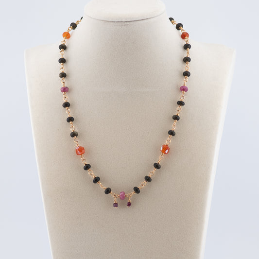 The Ember & Shadow Necklace – Rainbow Obsidian, Fire Agate & Ruby