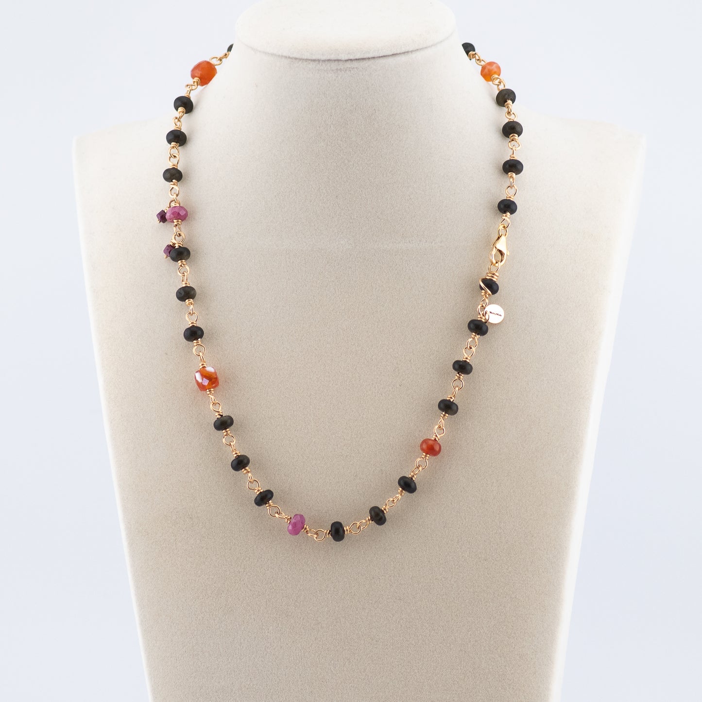 The Ember & Shadow Necklace – Rainbow Obsidian, Fire Agate & Ruby