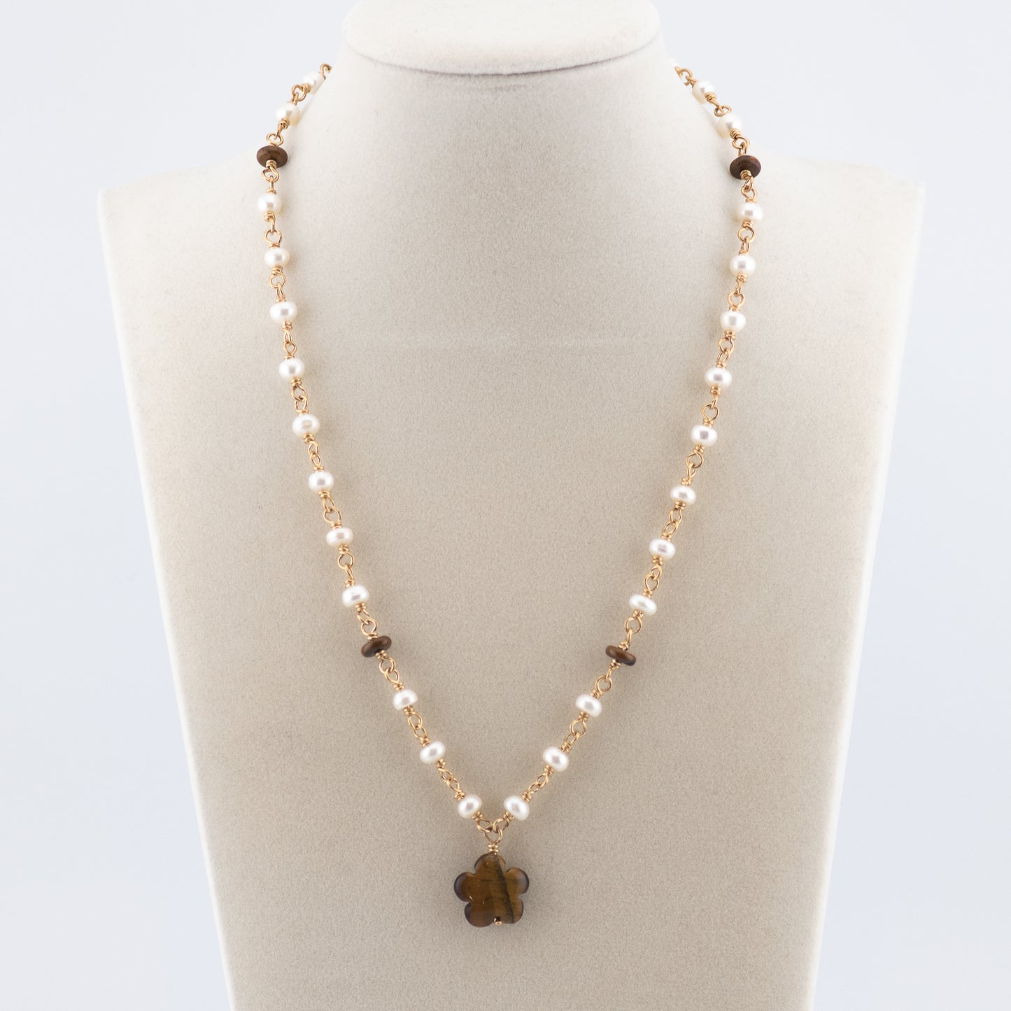 The Golden Petal Necklace – Tiger’s Eye & Freshwater Pearl