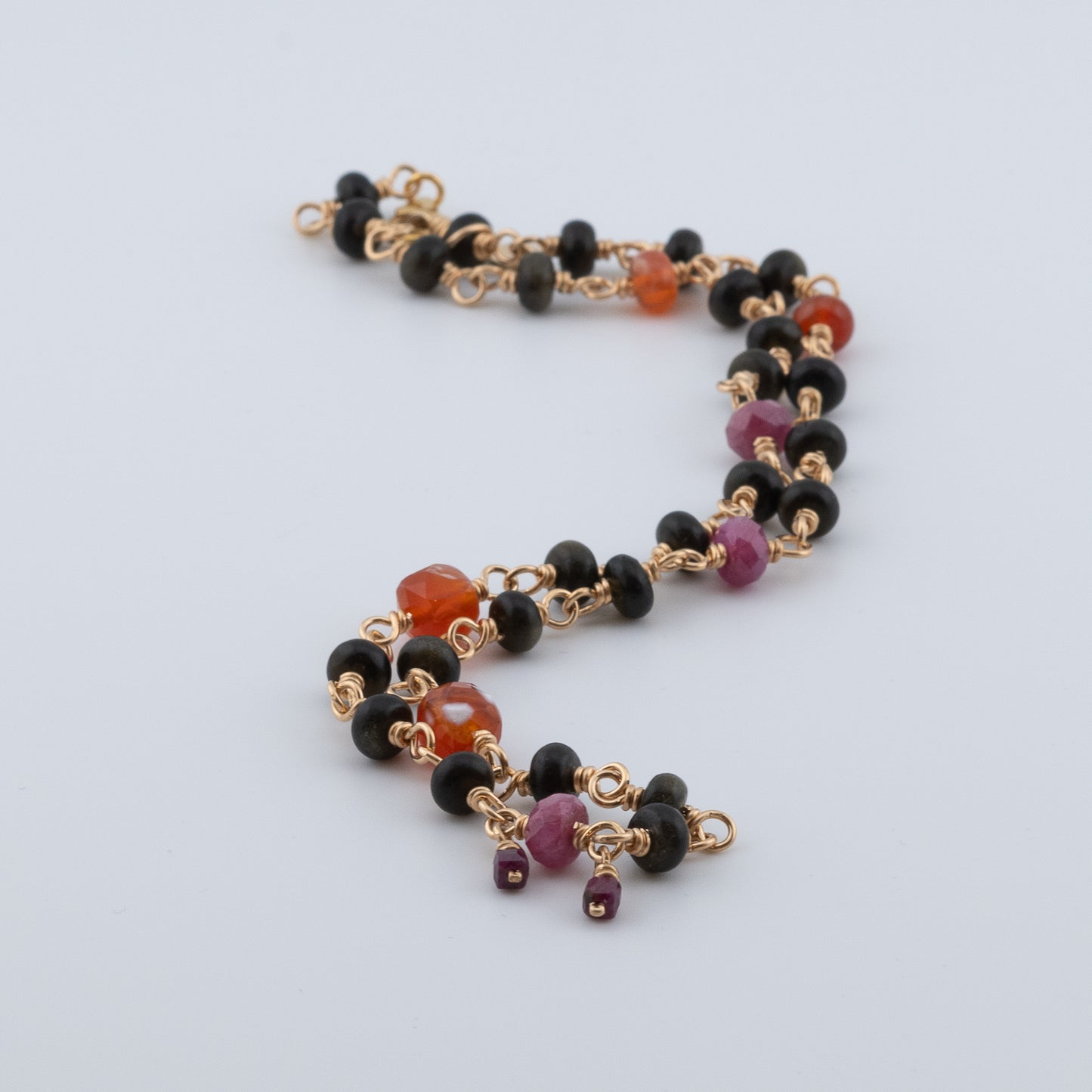 The Ember & Shadow Necklace – Rainbow Obsidian, Fire Agate & Ruby