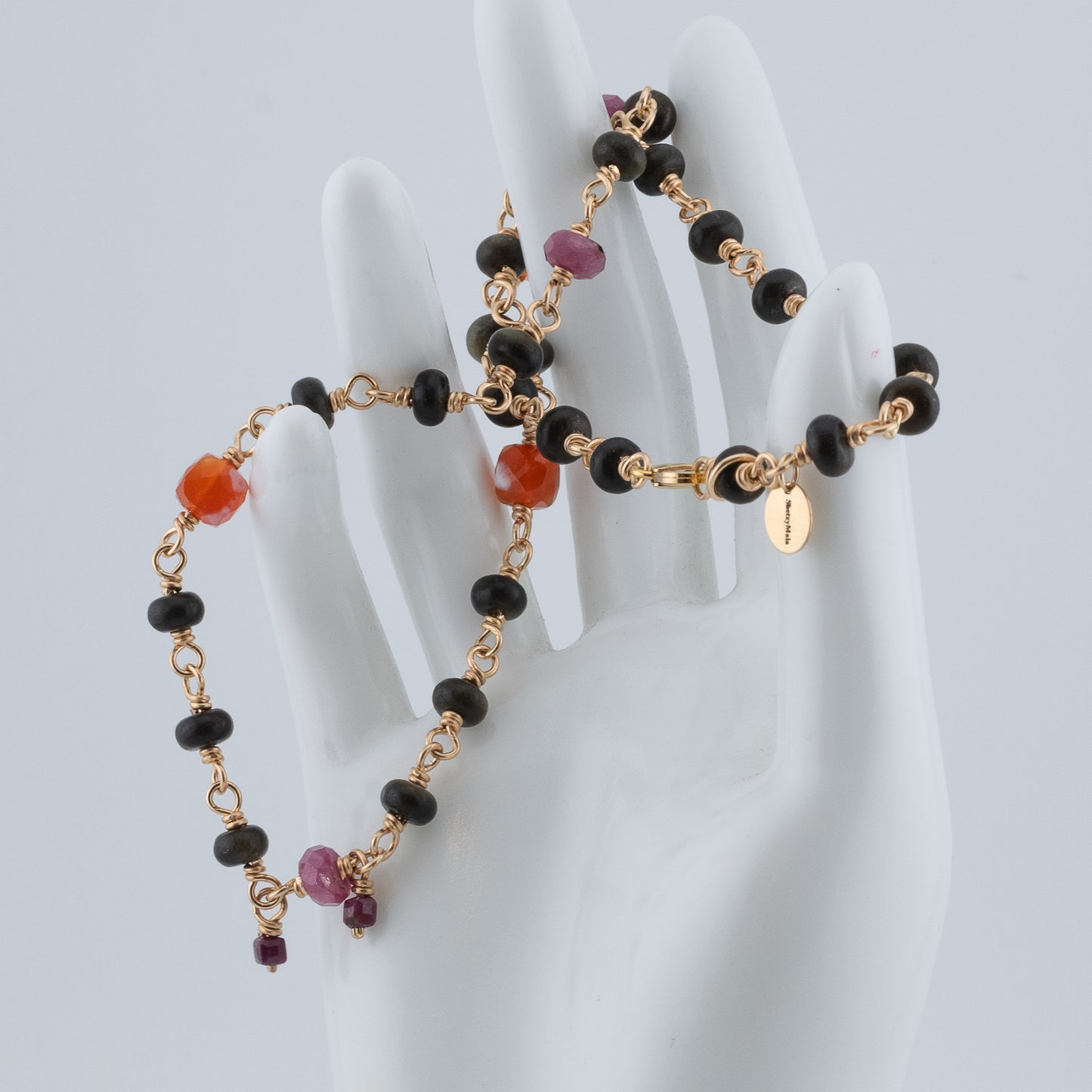 The Ember & Shadow Necklace – Rainbow Obsidian, Fire Agate & Ruby