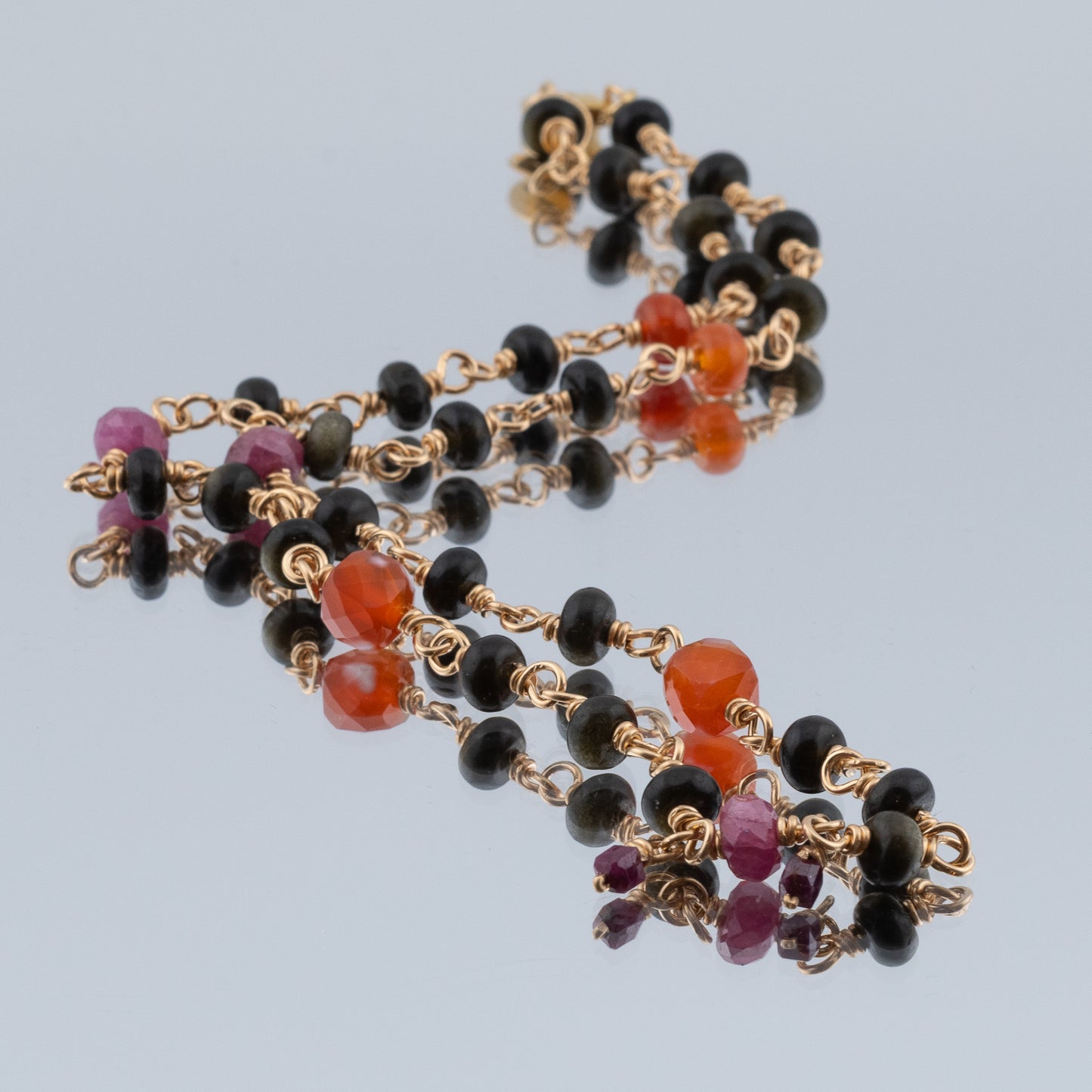 The Ember & Shadow Necklace – Rainbow Obsidian, Fire Agate & Ruby