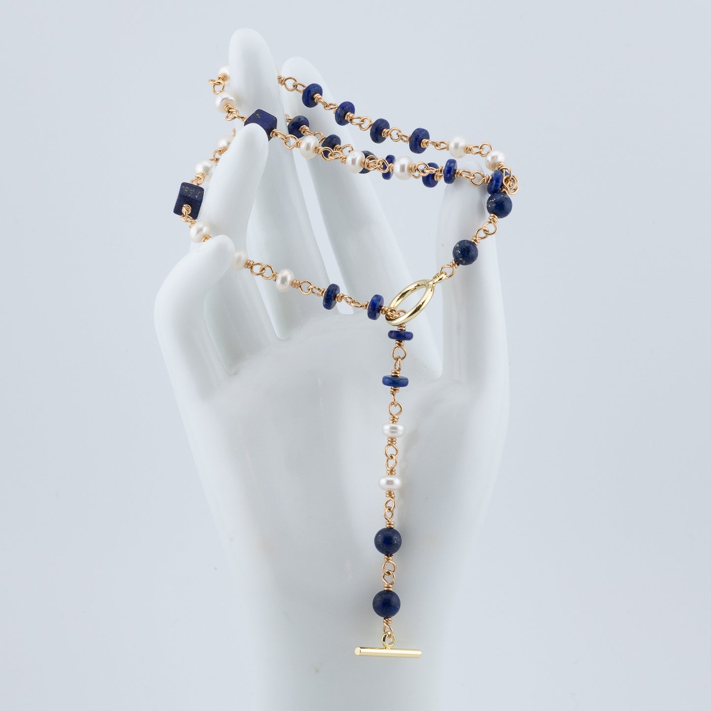 The Mariner’s Muse Lariat – Lapis & Freshwater Pearl