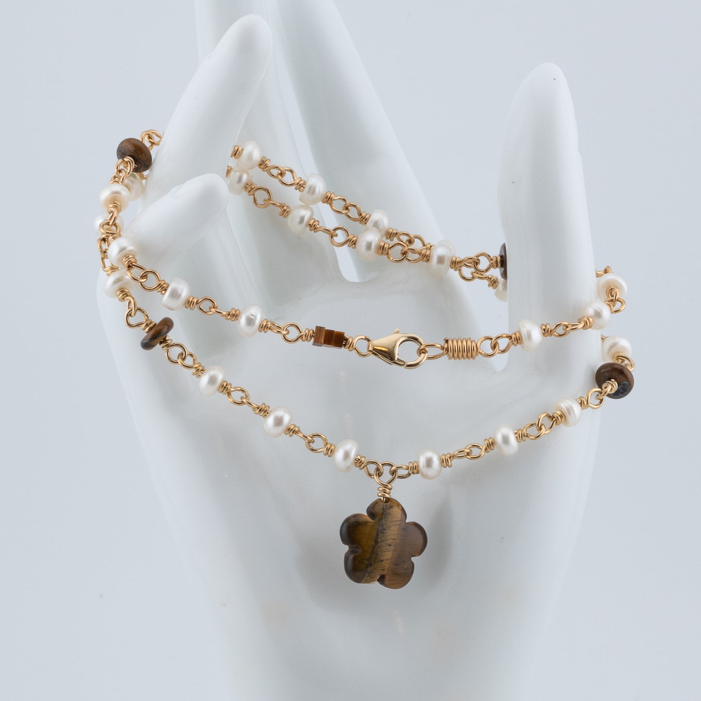 The Golden Petal Necklace – Tiger’s Eye & Freshwater Pearl