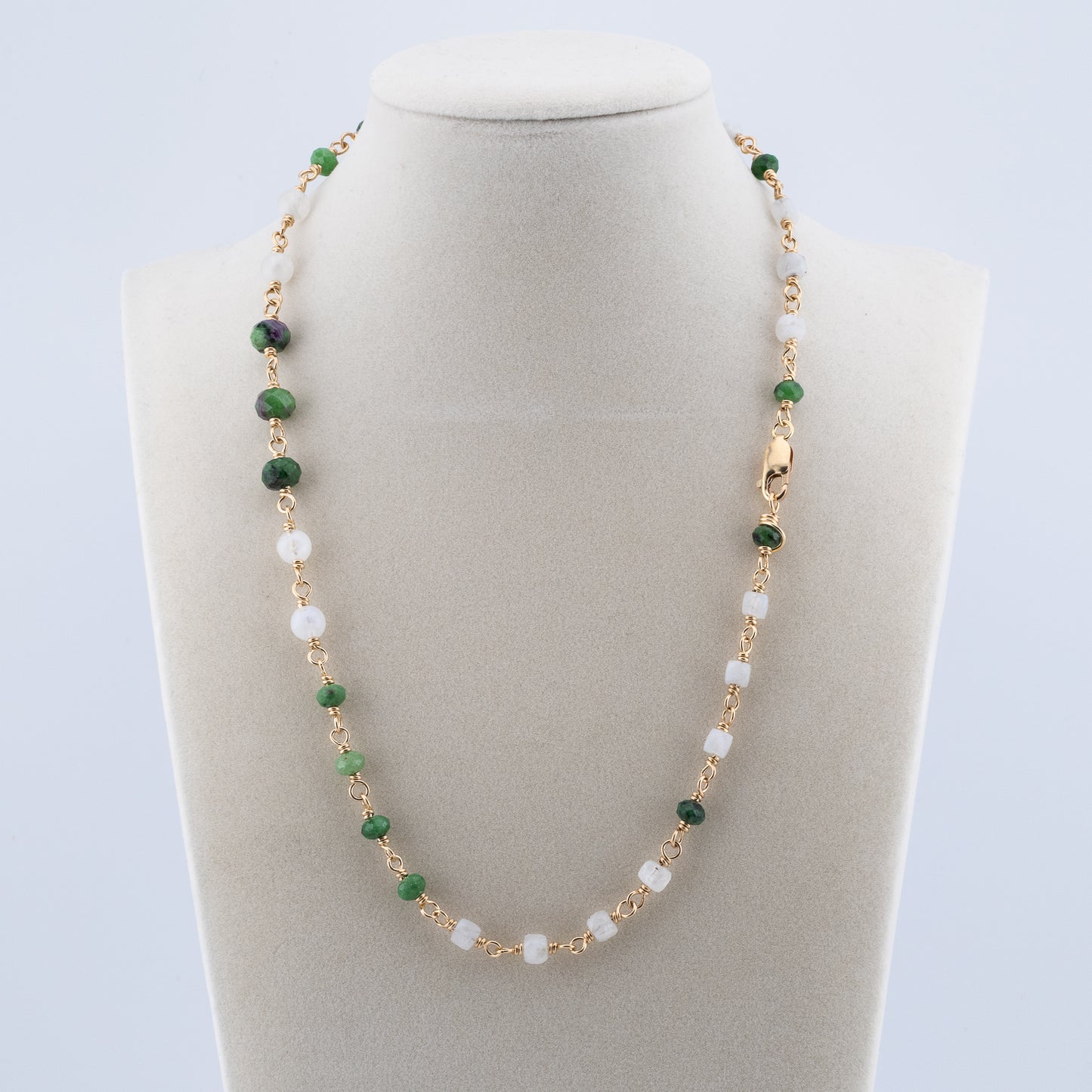 The Verdant Glow Necklace – Ruby in Zoisite & Rainbow Moonstone