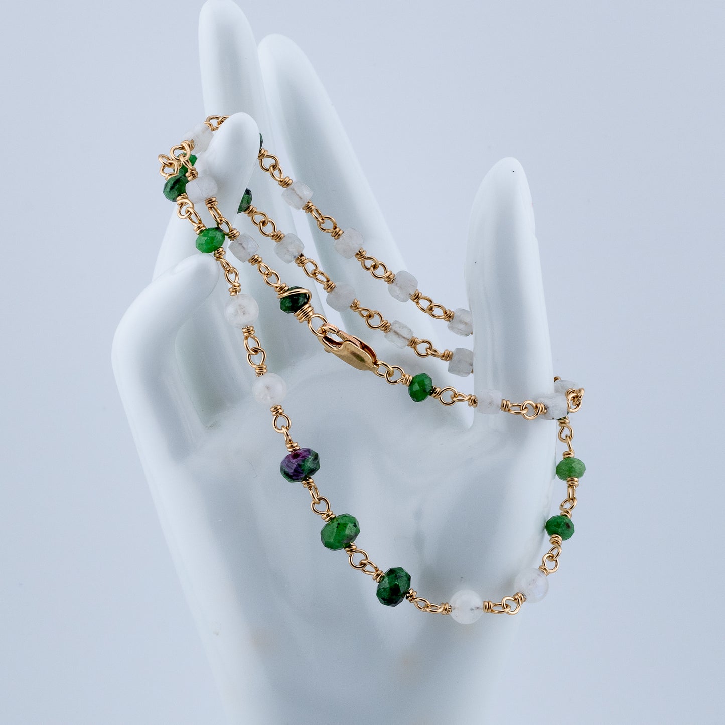 The Verdant Glow Necklace – Ruby in Zoisite & Rainbow Moonstone