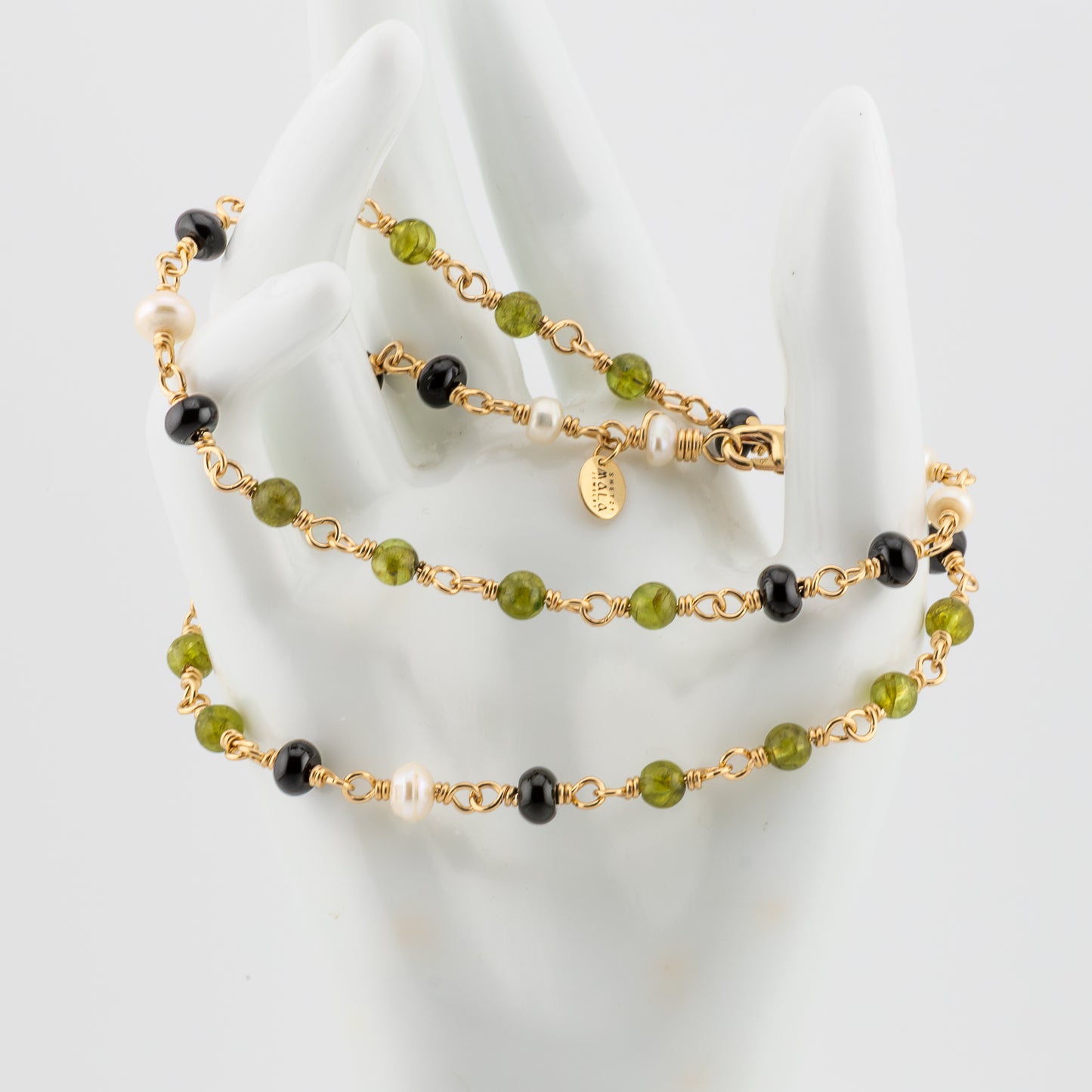The Olive & Orchard Necklace – Peridot, Black Onyx & Pearl