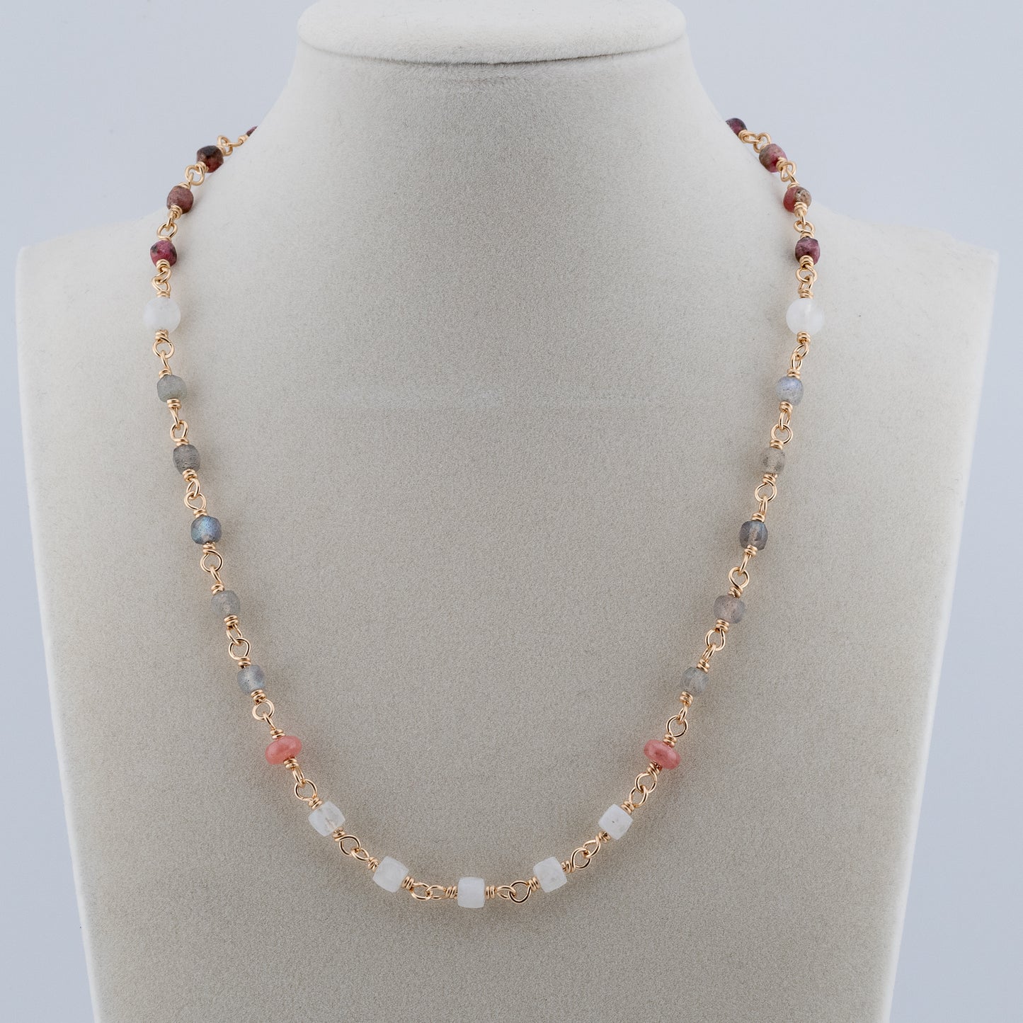 The Celestial Dawn Necklace – Rainbow Moonstone, Labradorite & Rhodochrosite