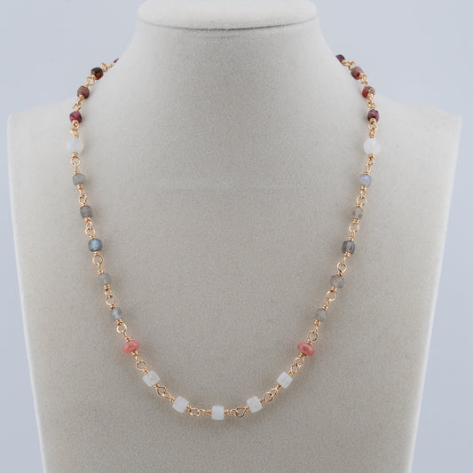 The Celestial Dawn Necklace – Rainbow Moonstone, Labradorite & Rhodochrosite