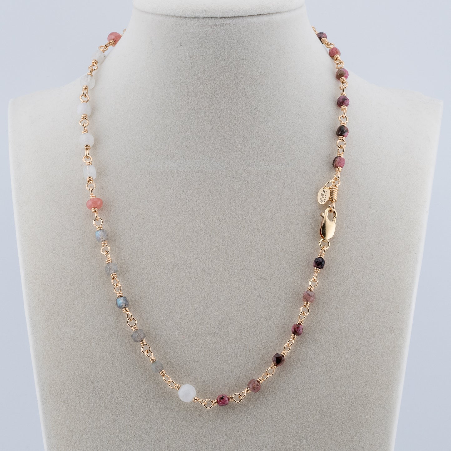 The Celestial Dawn Necklace – Rainbow Moonstone, Labradorite & Rhodochrosite