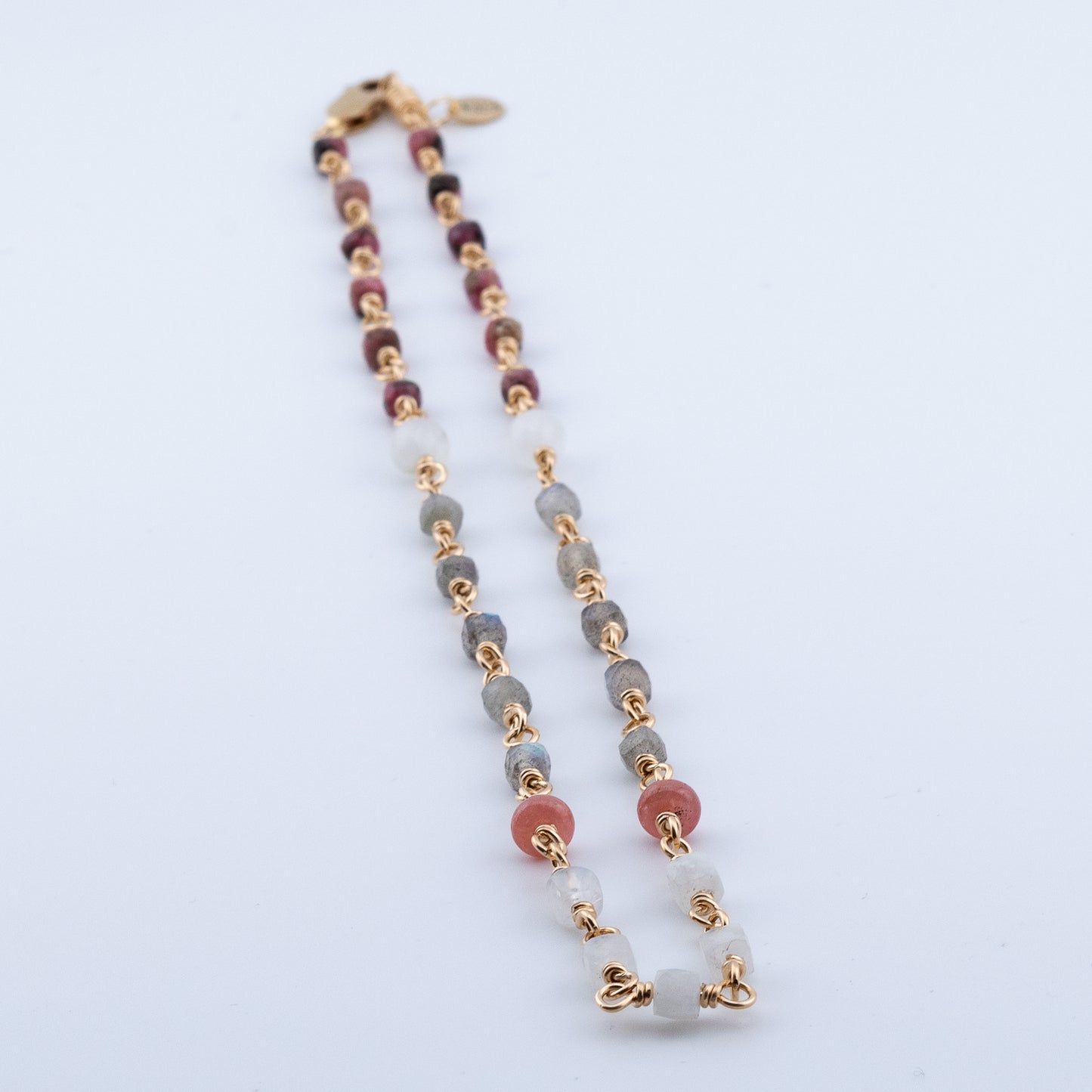 The Celestial Dawn Necklace – Rainbow Moonstone, Labradorite & Rhodochrosite