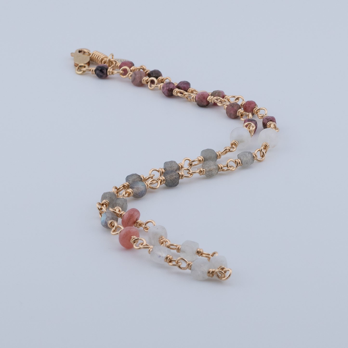 The Celestial Dawn Necklace – Rainbow Moonstone, Labradorite & Rhodochrosite