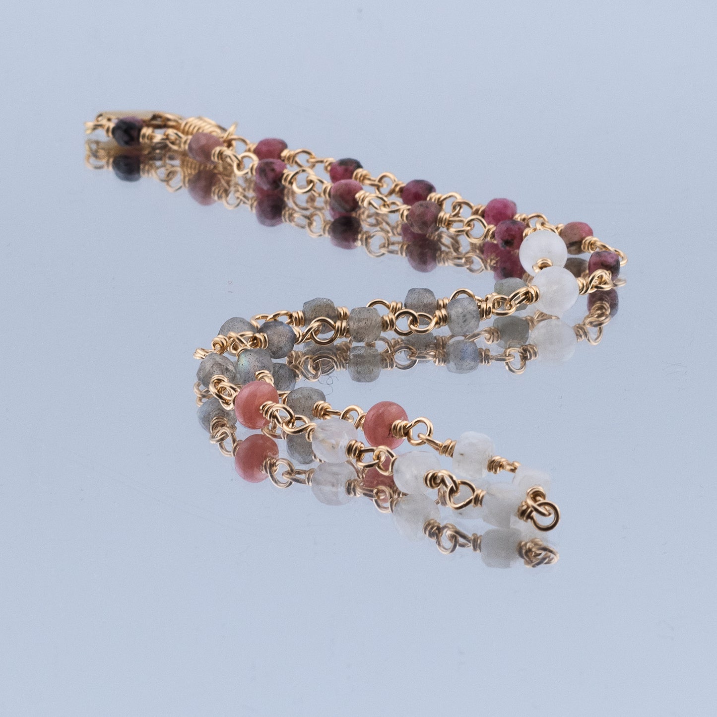The Celestial Dawn Necklace – Rainbow Moonstone, Labradorite & Rhodochrosite