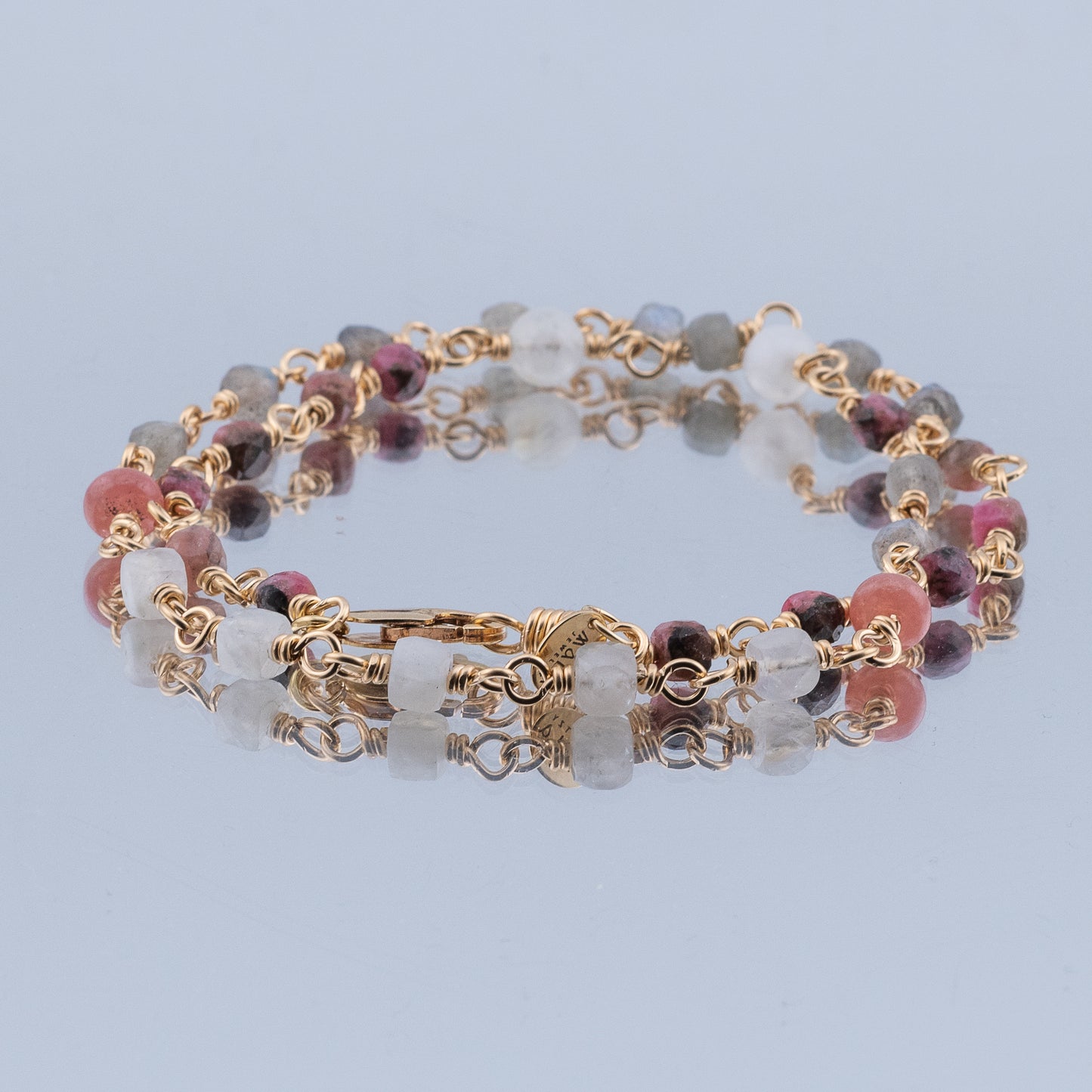The Celestial Dawn Necklace – Rainbow Moonstone, Labradorite & Rhodochrosite