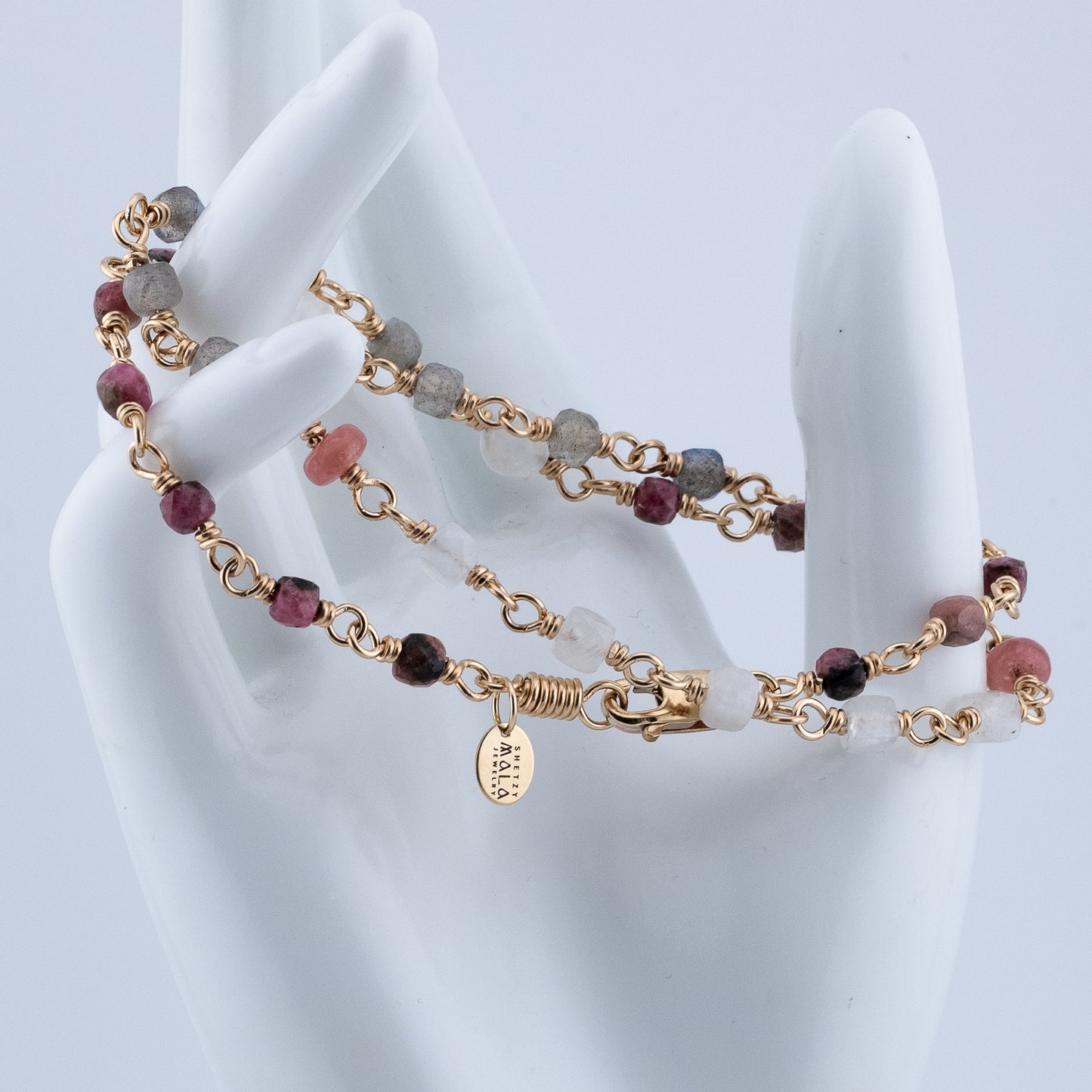 The Celestial Dawn Necklace – Rainbow Moonstone, Labradorite & Rhodochrosite