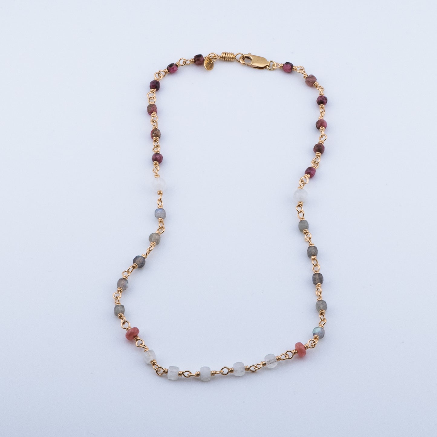 The Celestial Dawn Necklace – Rainbow Moonstone, Labradorite & Rhodochrosite