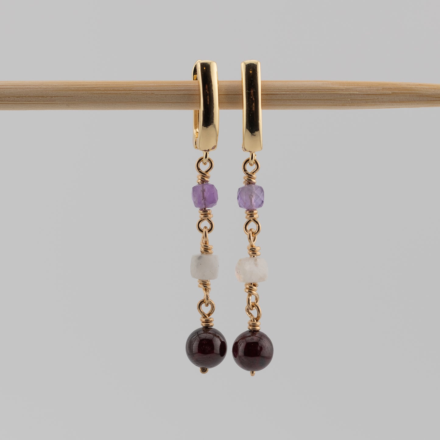 Amethyst, Rainbow Moonstone and Garnet Earrings