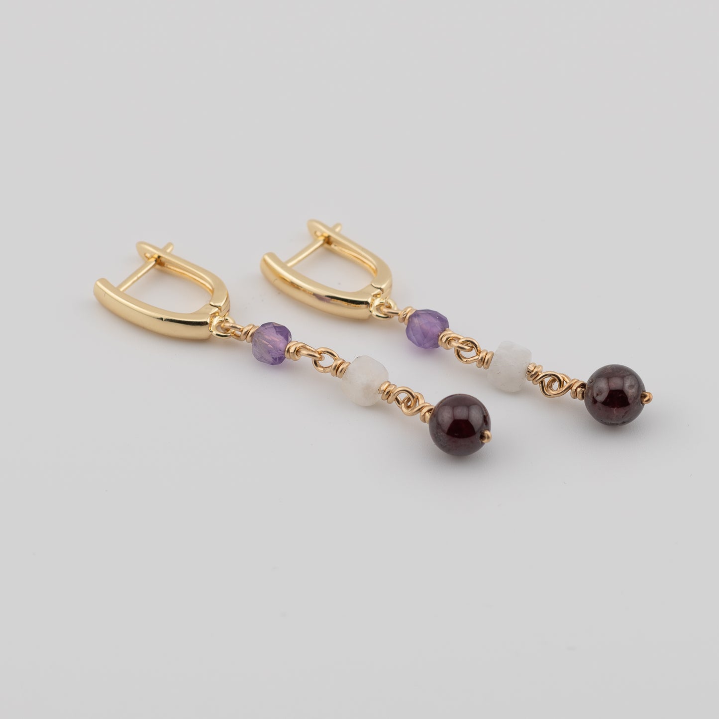 Amethyst, Rainbow Moonstone and Garnet Earrings