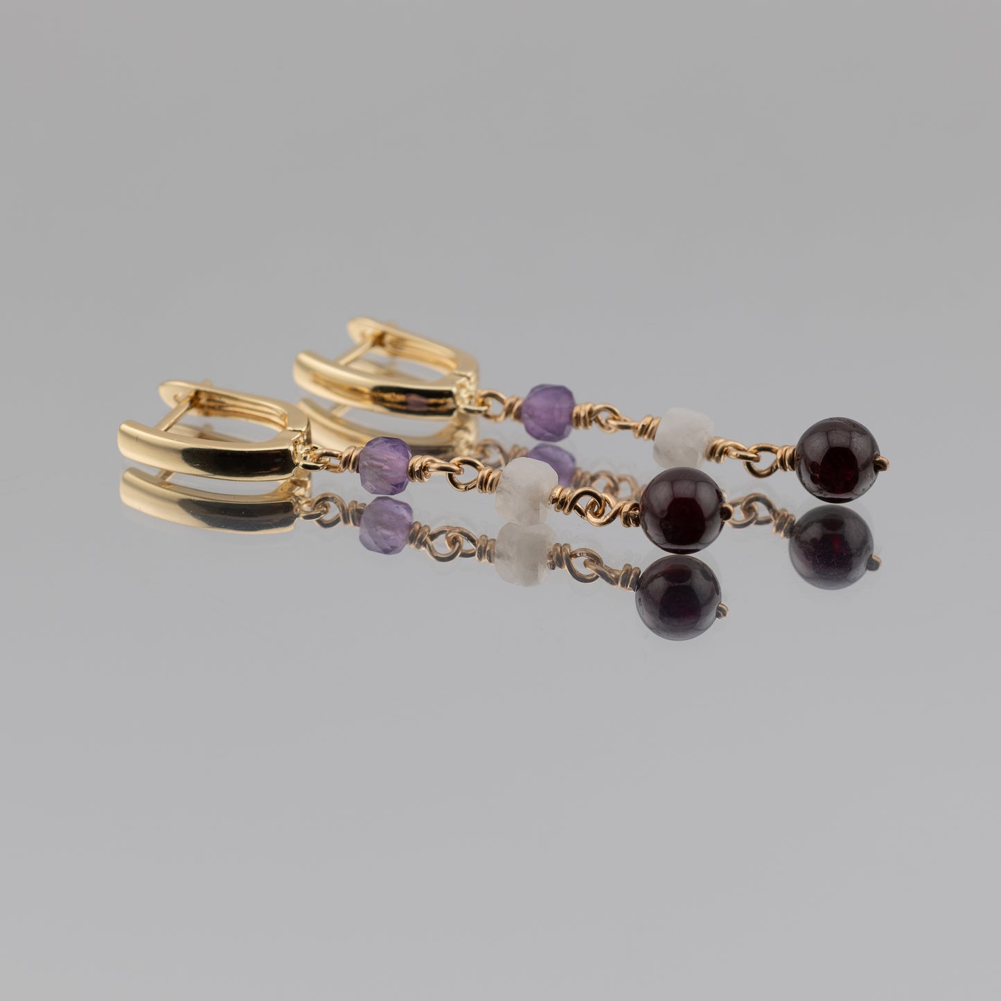 Amethyst, Rainbow Moonstone and Garnet Earrings