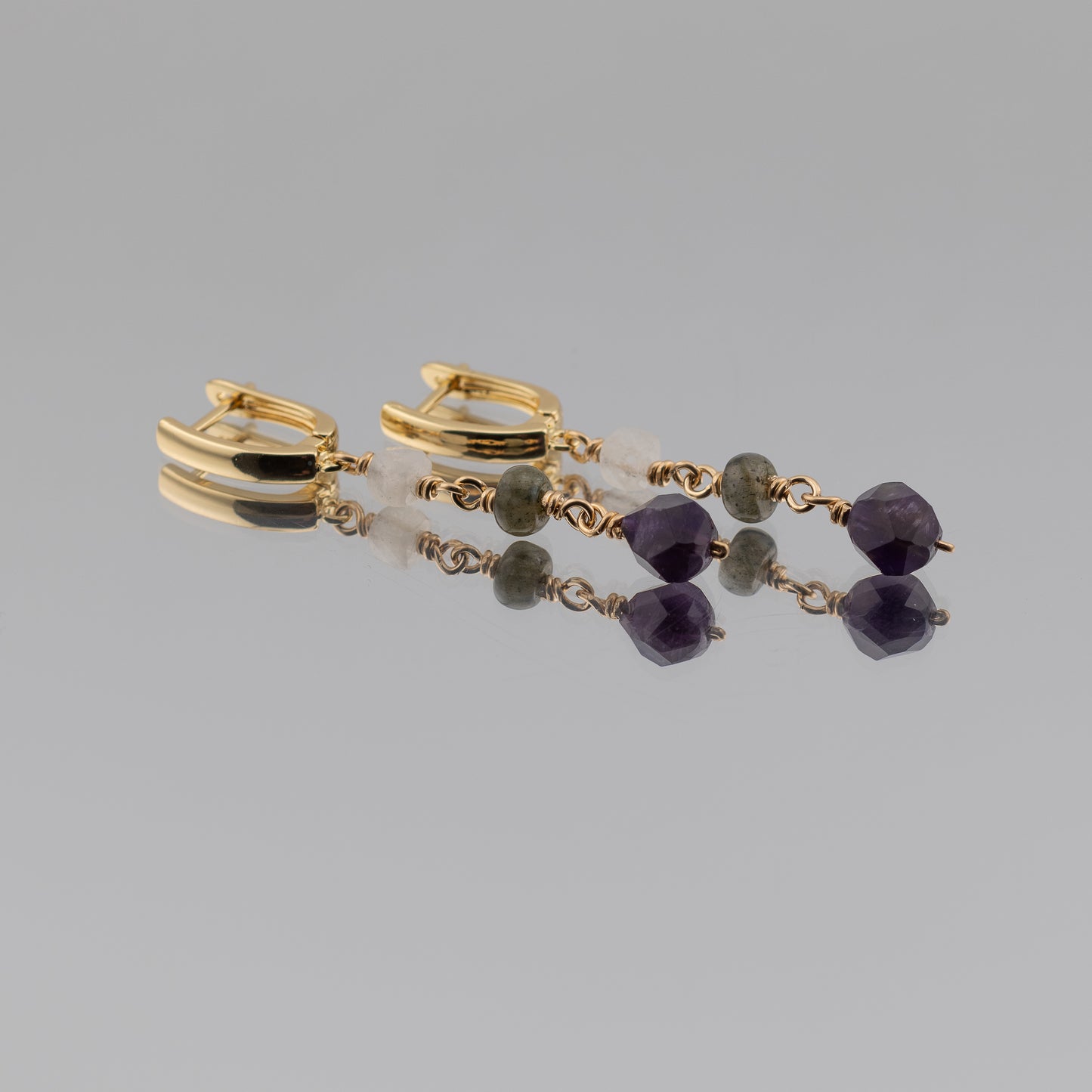Rainbow Moonstone, Labradorite and Amethyst Earrings