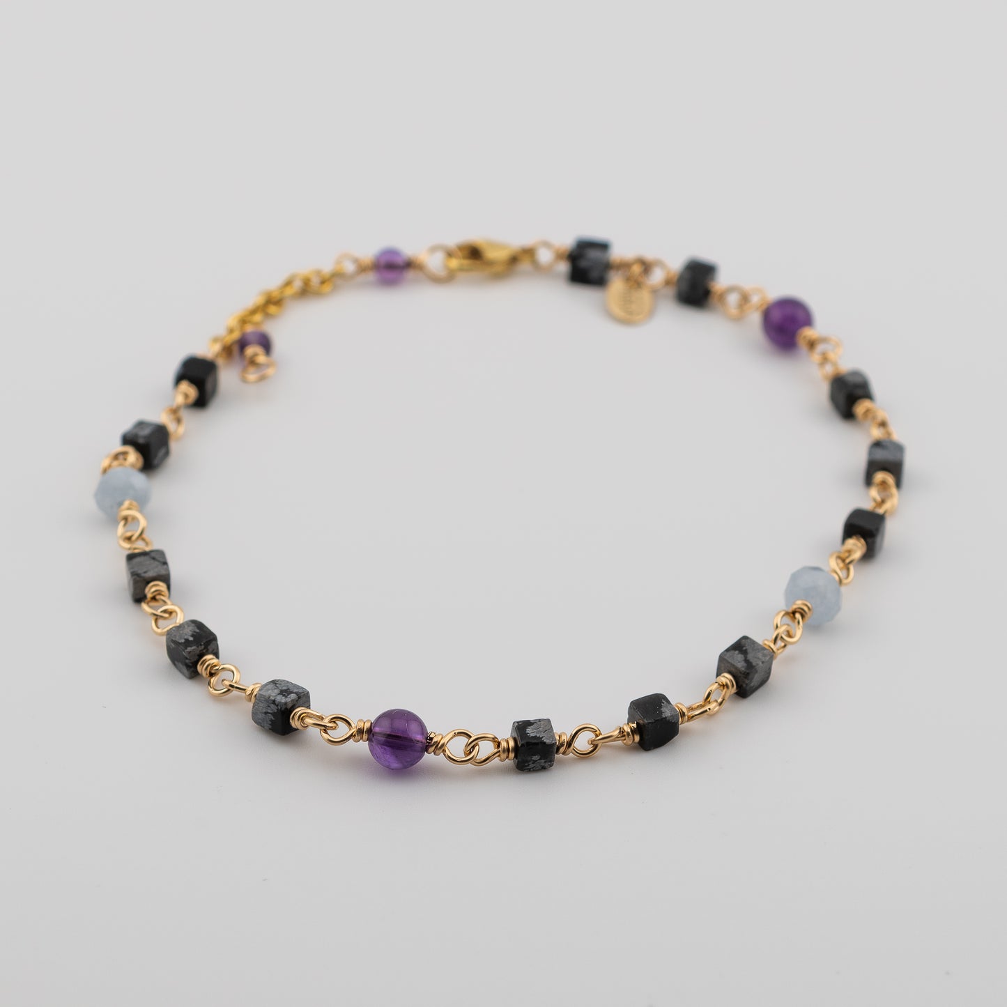 The Frozen Amethyst Anklet - Snowflake Obsidian, Aquamarine & Amethyst