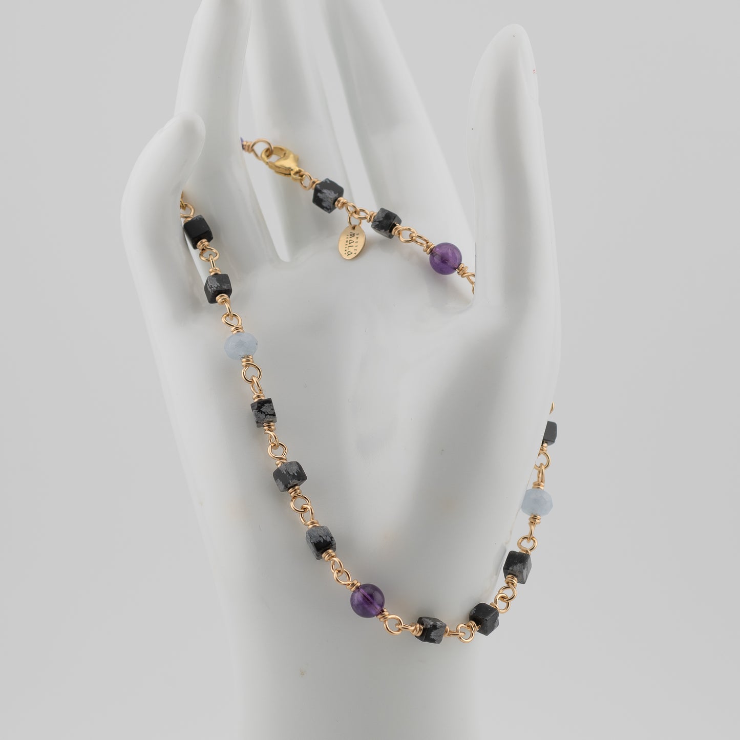 The Frozen Amethyst Anklet - Snowflake Obsidian, Aquamarine & Amethyst