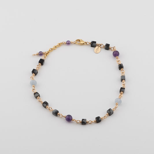 The Frozen Amethyst Anklet - Snowflake Obsidian, Aquamarine & Amethyst