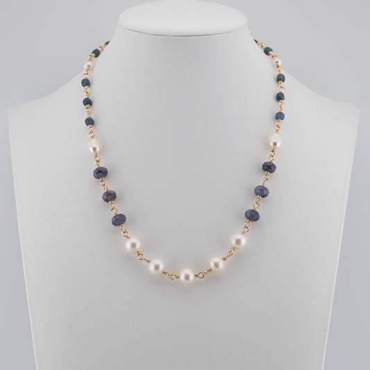 The Sapphire Current Necklace - Blue Sapphire & Freshwater Pearl