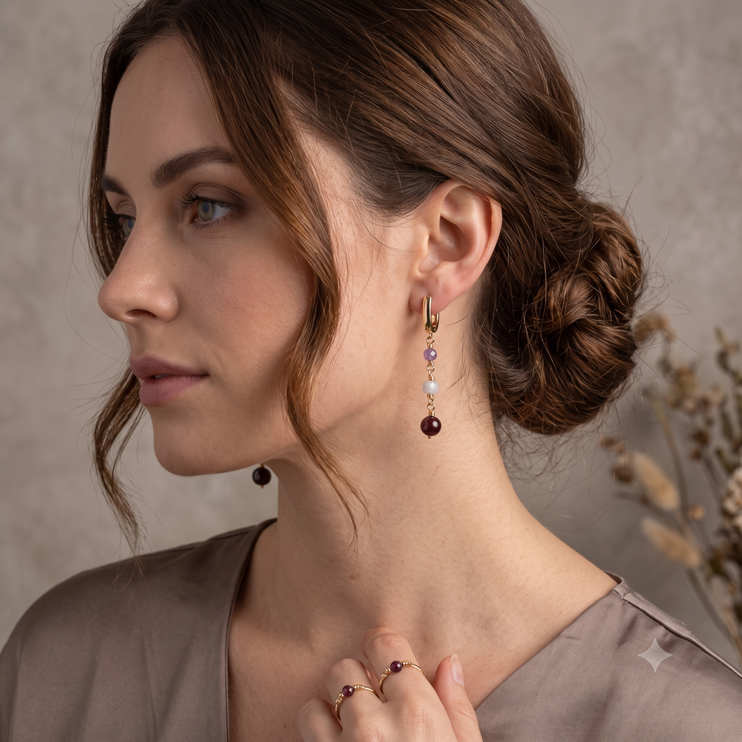 Amethyst, Rainbow Moonstone and Garnet Earrings